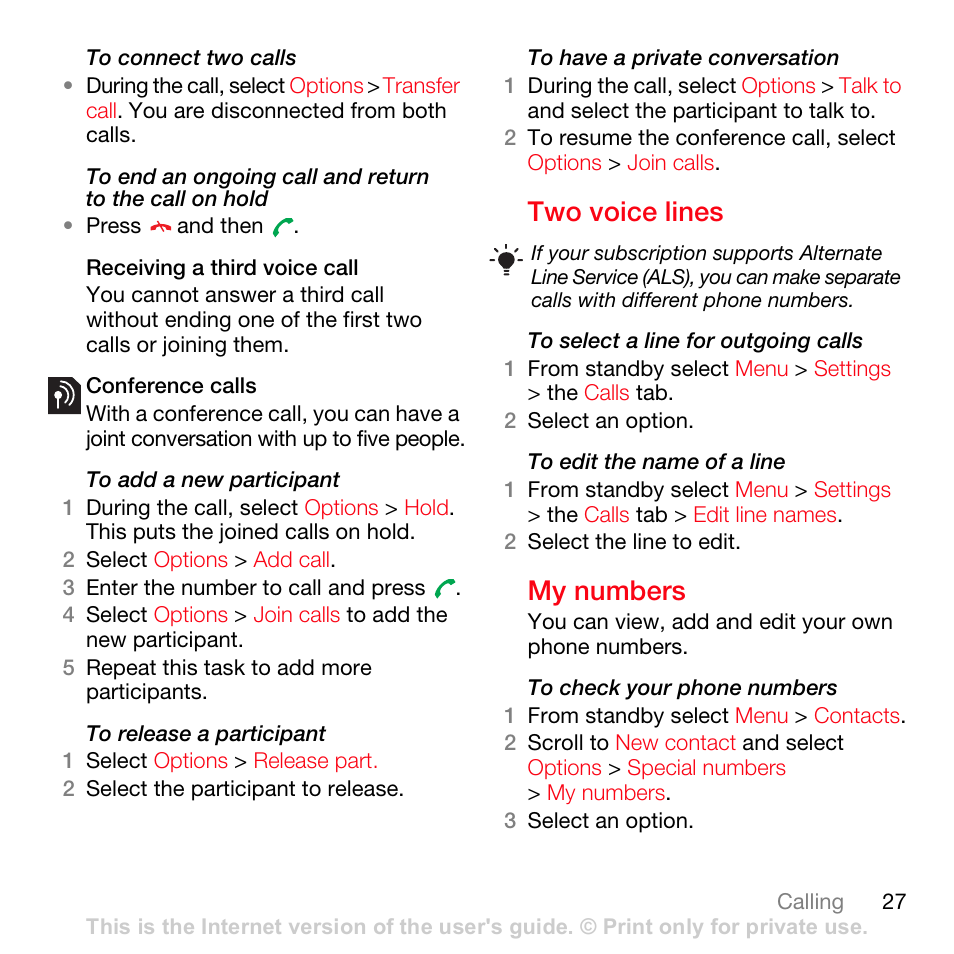 Two voice lines, My numbers | Sony Ericsson K630i User Manual | Page 27 / 83