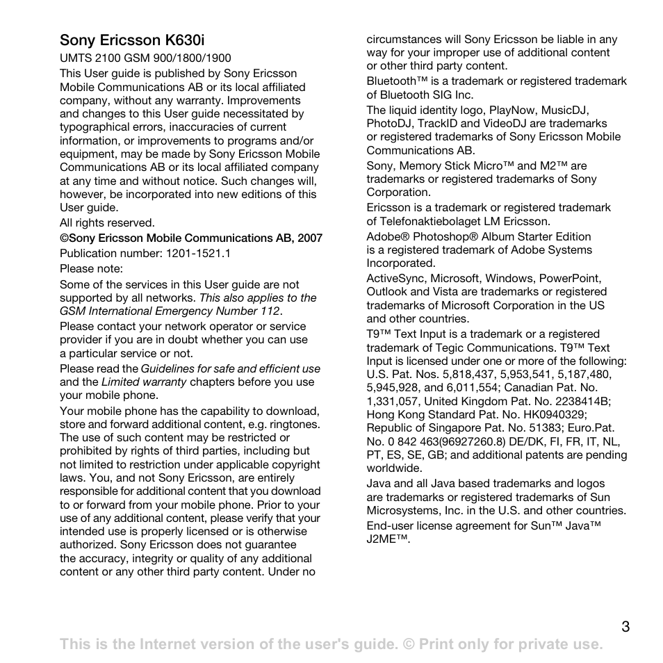 Sony Ericsson K630i User Manual | Page 3 / 83