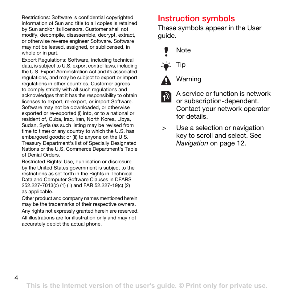 Instruction symbols | Sony Ericsson K630i User Manual | Page 4 / 83