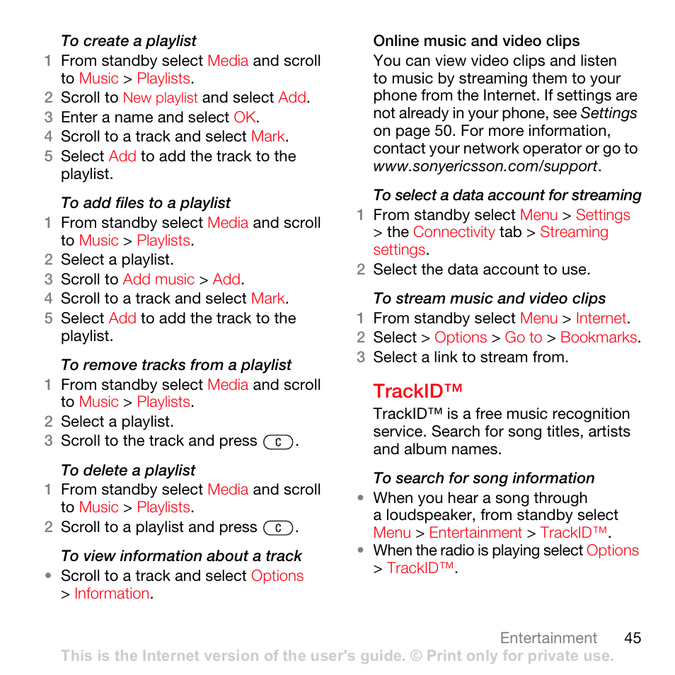 Trackid | Sony Ericsson K630i User Manual | Page 45 / 83