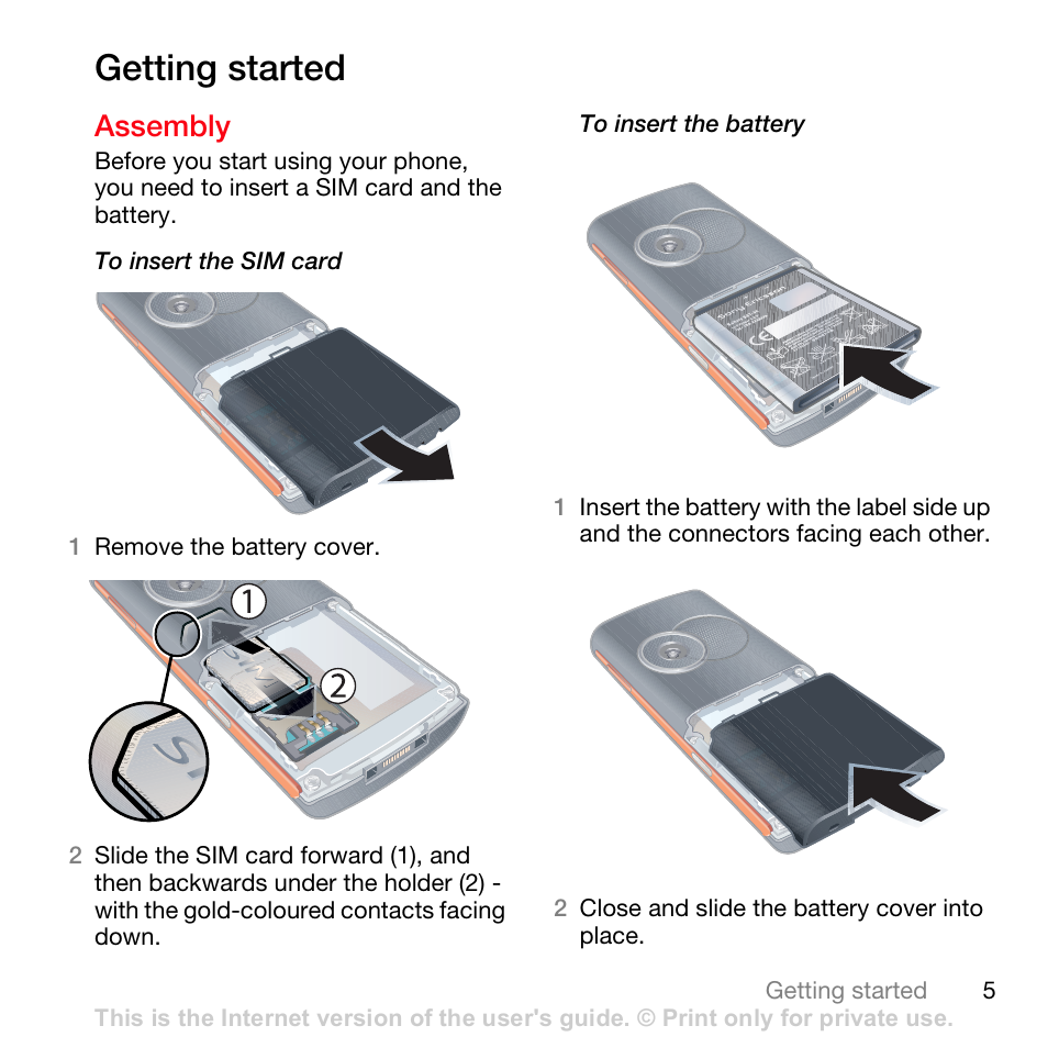 Getting started, Assembly | Sony Ericsson K630i User Manual | Page 5 / 83