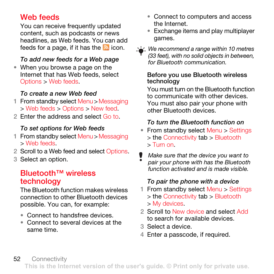 Web feeds, Bluetooth™ wireless technology, E bluetooth™ wireless technology on pa | 52 a | Sony Ericsson K630i User Manual | Page 52 / 83