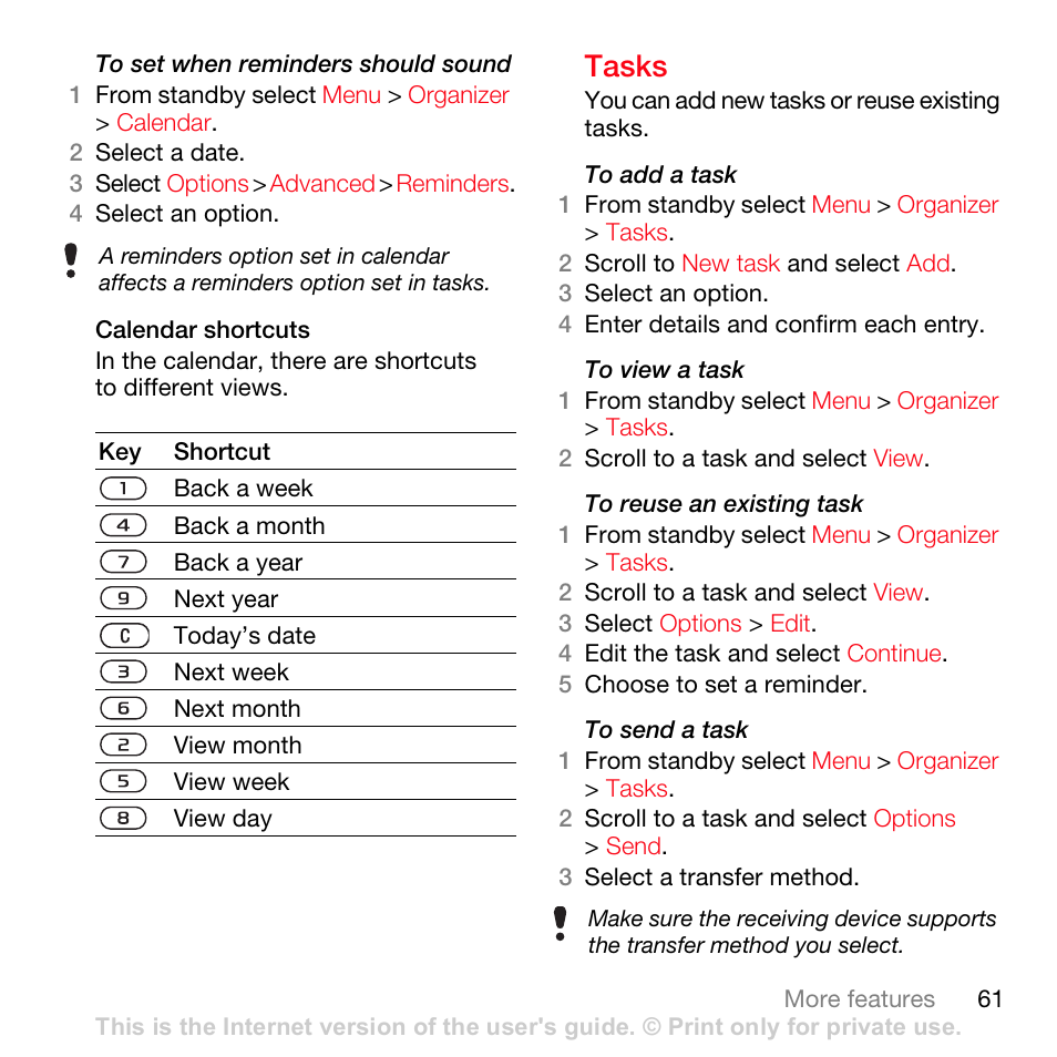 Tasks | Sony Ericsson K630i User Manual | Page 61 / 83