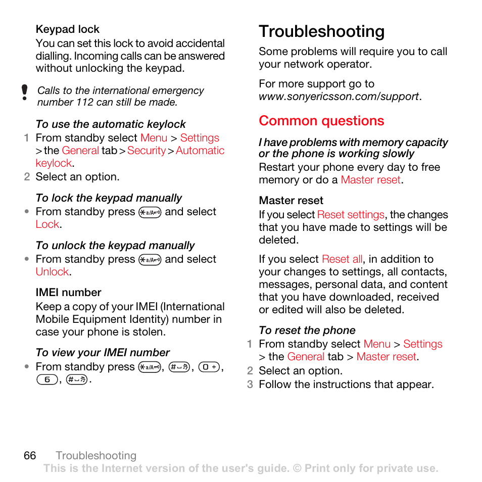 Troubleshooting, Common questions | Sony Ericsson K630i User Manual | Page 66 / 83