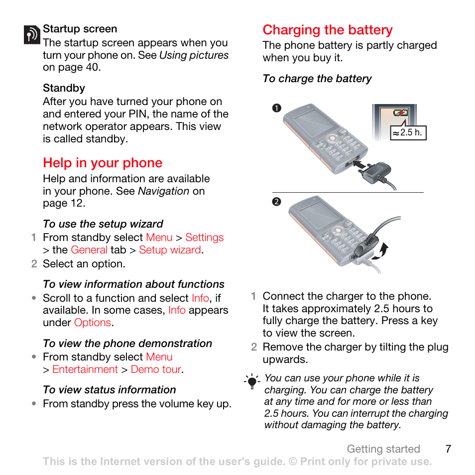 Help in your phone, Charging the battery | Sony Ericsson K630i User Manual | Page 7 / 83