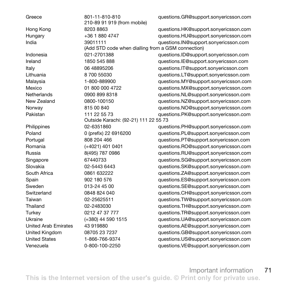 71 important information | Sony Ericsson K630i User Manual | Page 71 / 83