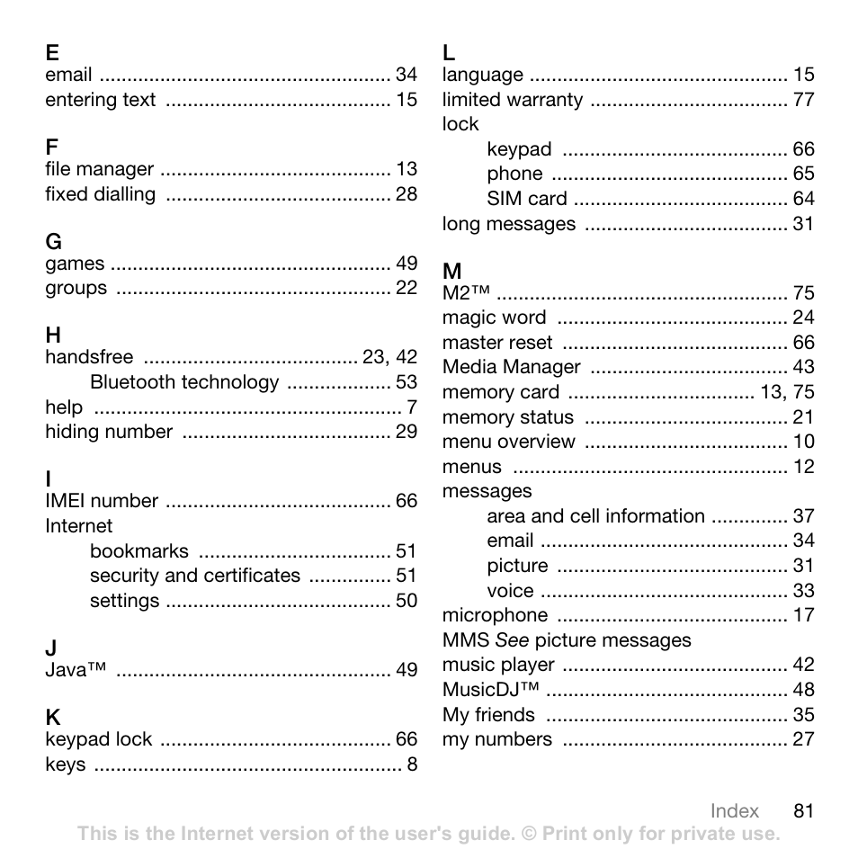 Sony Ericsson K630i User Manual | Page 81 / 83