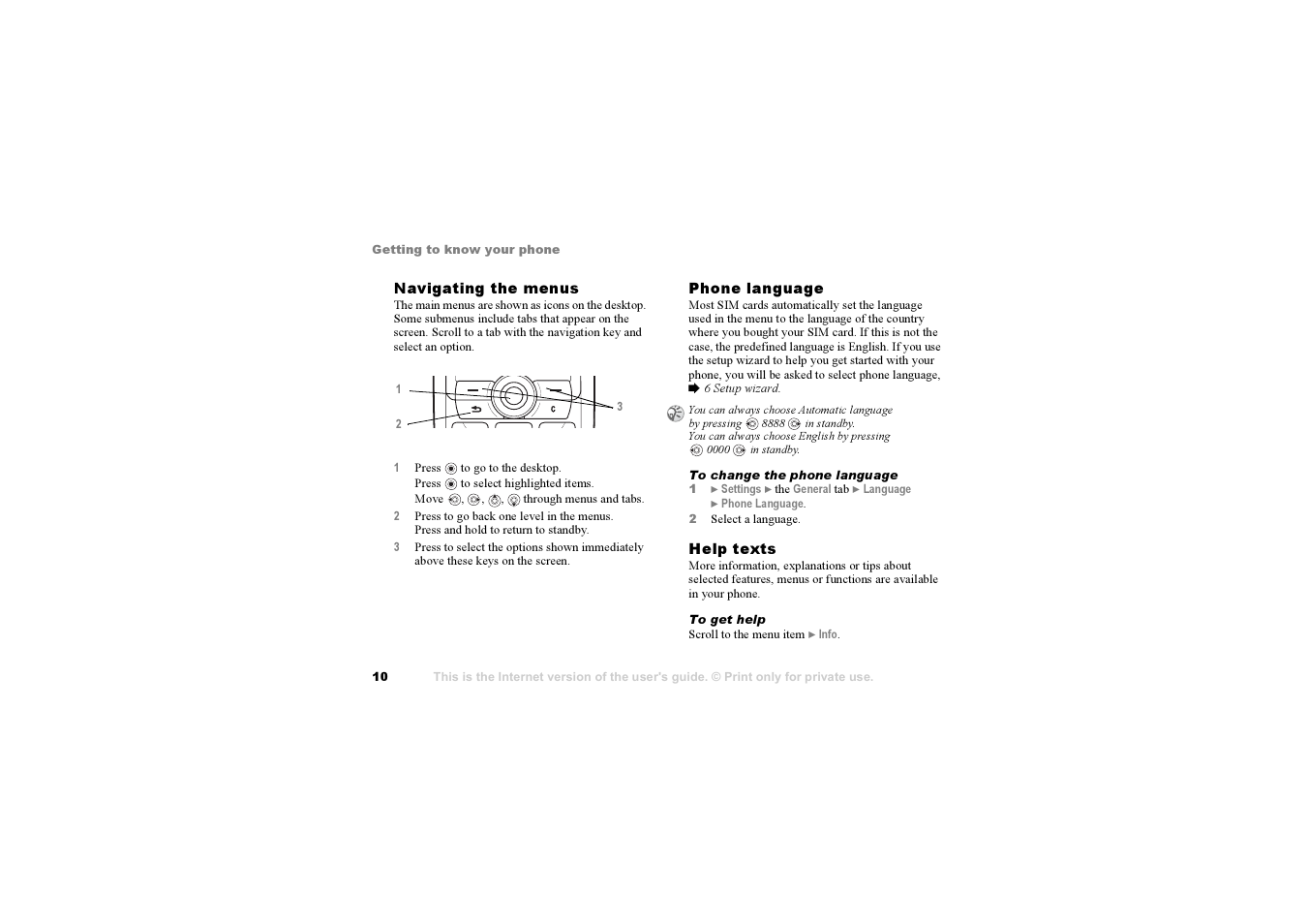 10 navigating, The menus | Sony Ericsson K700i User Manual | Page 10 / 97