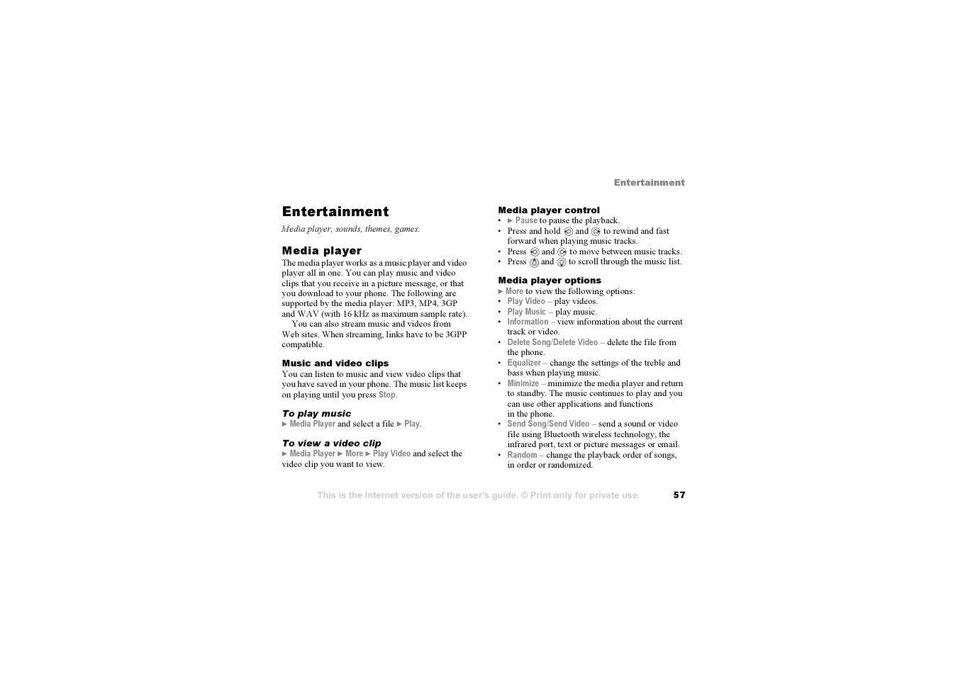 Entertainment, Entertainment media player, sounds, themes, games | Sony Ericsson K700i User Manual | Page 57 / 97