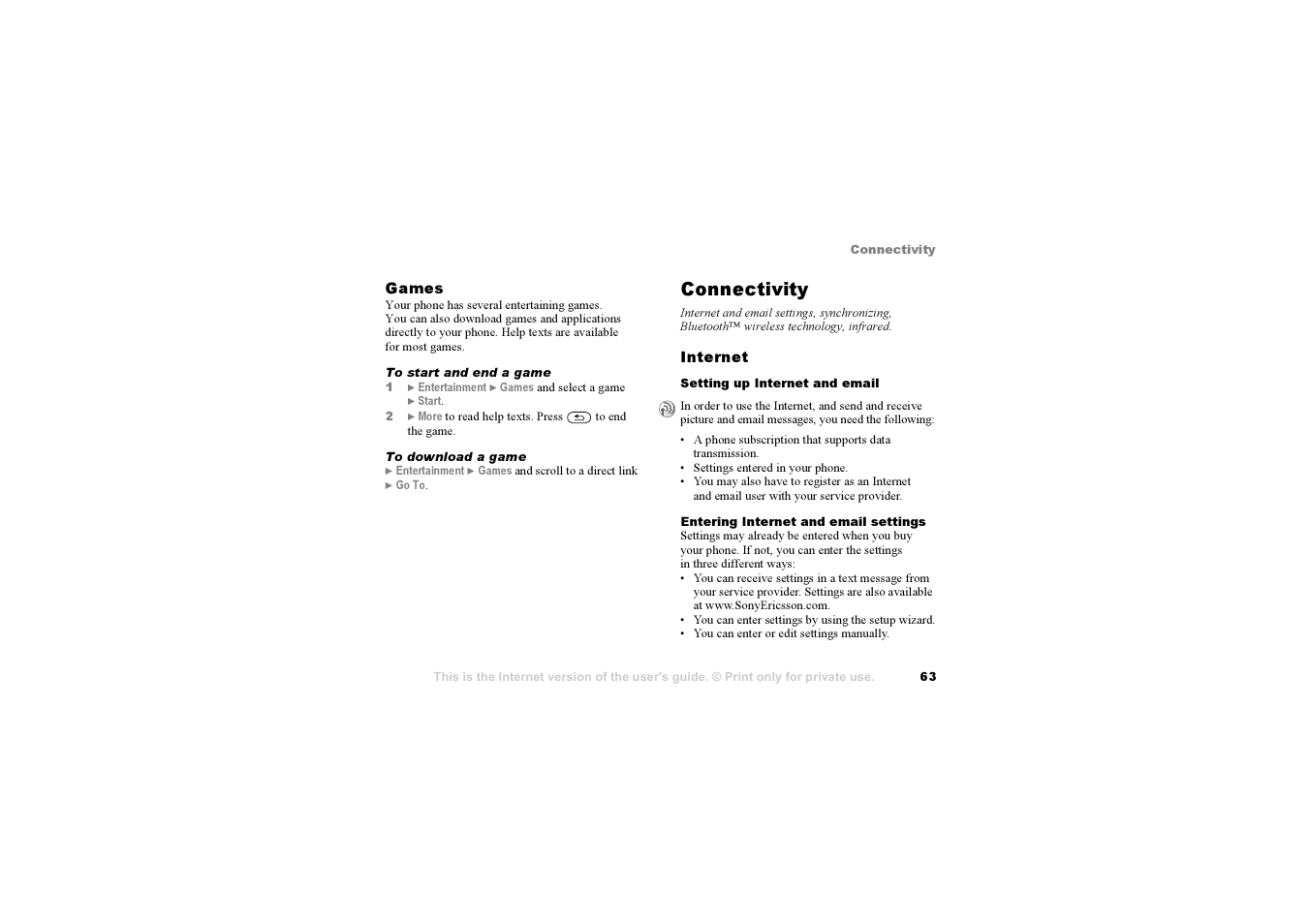 Connectivity, 63 setting up internet and email | Sony Ericsson K700i User Manual | Page 63 / 97