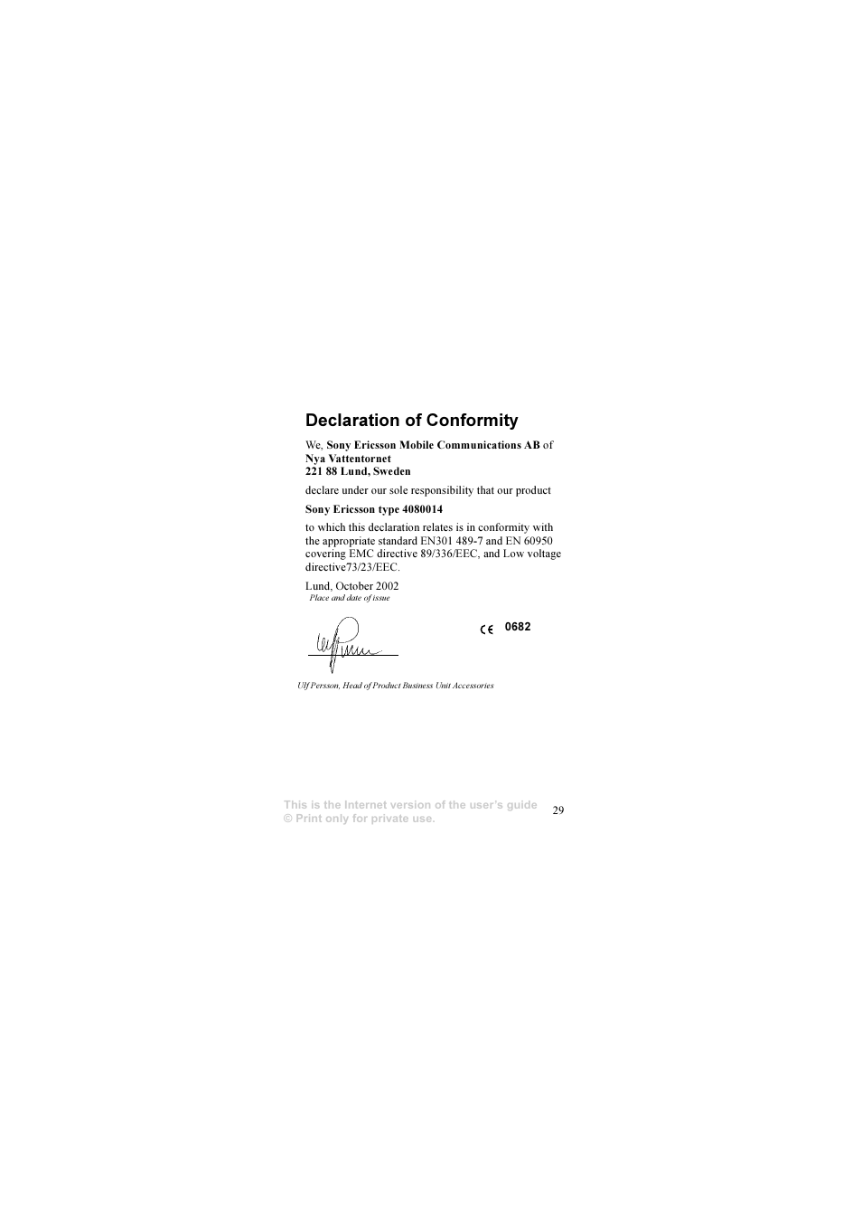 Declaration of conformity | Sony Ericsson HPR-20 User Manual | Page 29 / 29