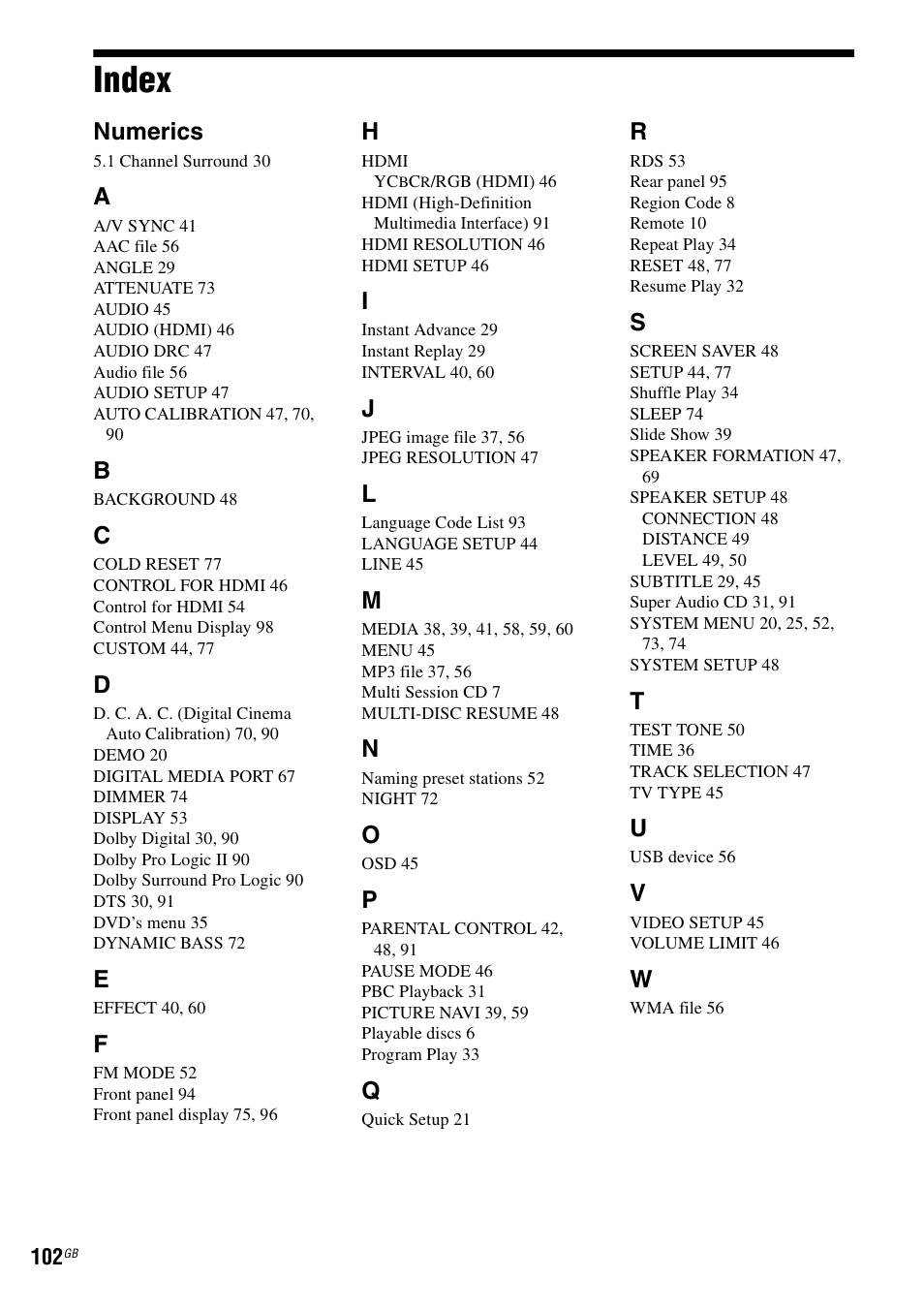 Index, Numerics | Sony Ericsson DAV-DZ280 User Manual | Page 102 / 104