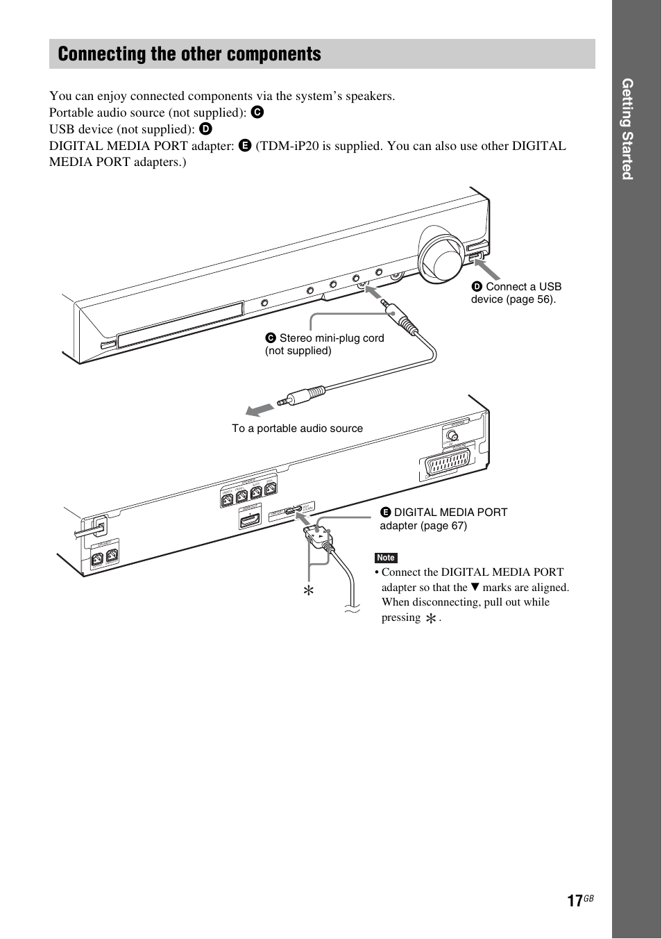 Connecting the other components, Ge tting star te d | Sony Ericsson DAV-DZ280 User Manual | Page 17 / 104