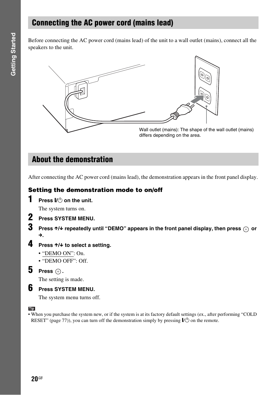 Connecting the ac power cord (mains lead), About the demonstration | Sony Ericsson DAV-DZ280 User Manual | Page 20 / 104