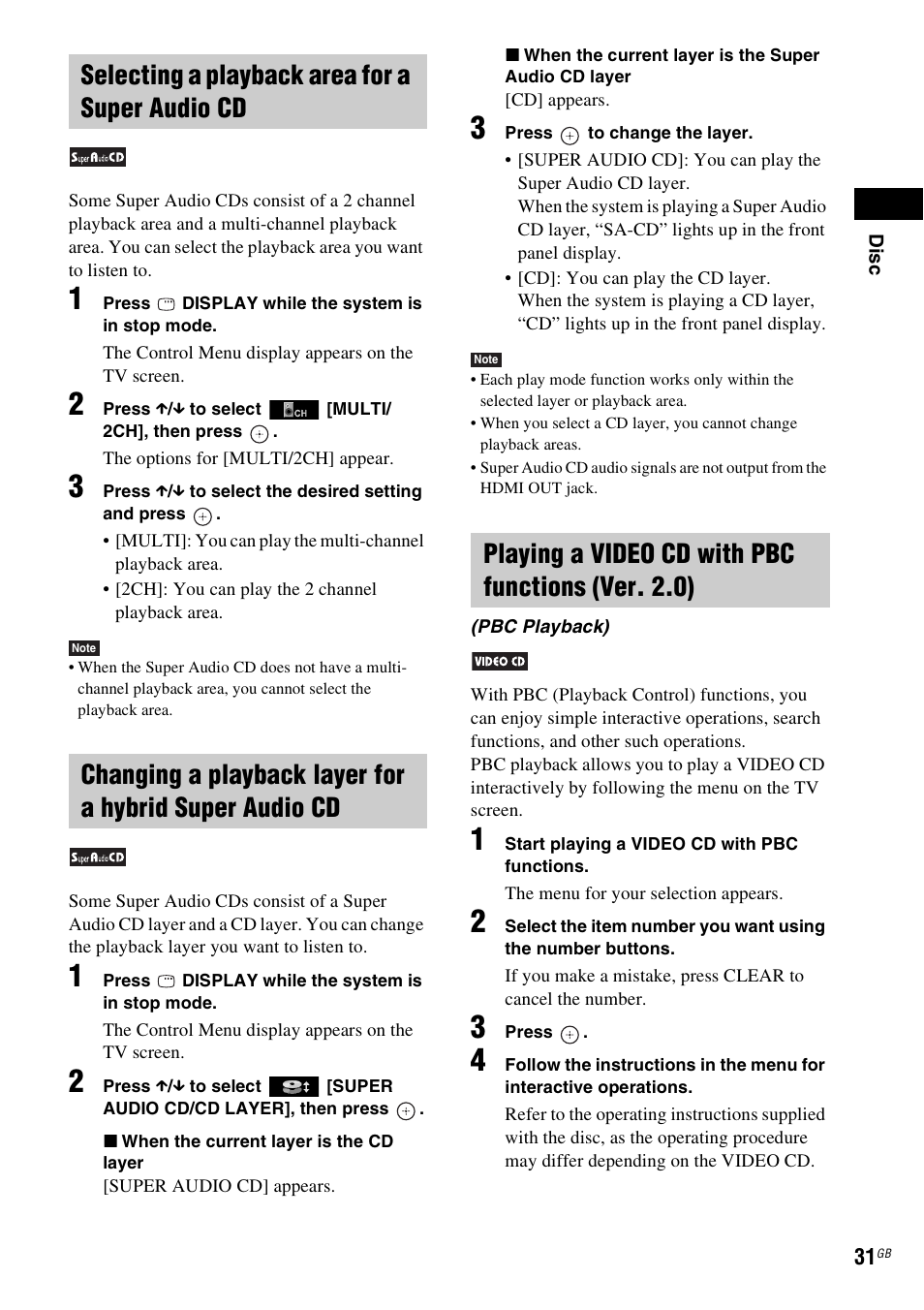 Selecting a playback area for a super audio cd, Playing a video cd with pbc functions (ver. 2.0) | Sony Ericsson DAV-DZ280 User Manual | Page 31 / 104