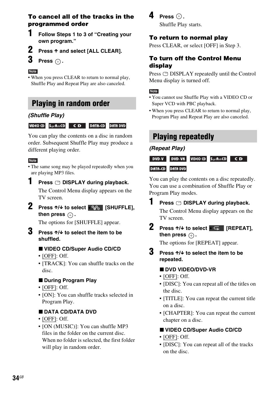 Playing in random order, Playing repeatedly | Sony Ericsson DAV-DZ280 User Manual | Page 34 / 104