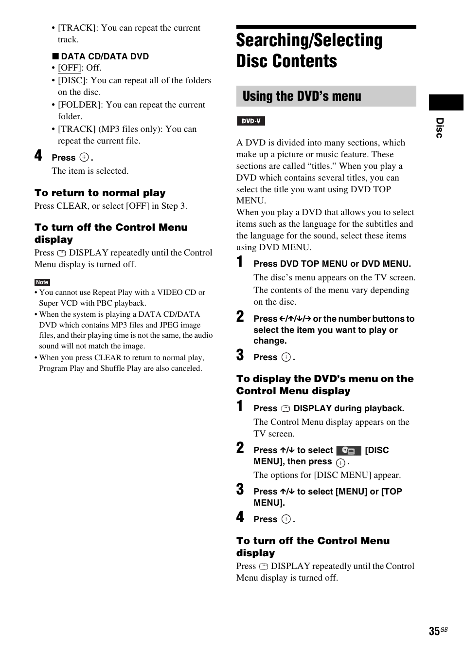 Searching/selecting disc contents, Using the dvd’s menu | Sony Ericsson DAV-DZ280 User Manual | Page 35 / 104