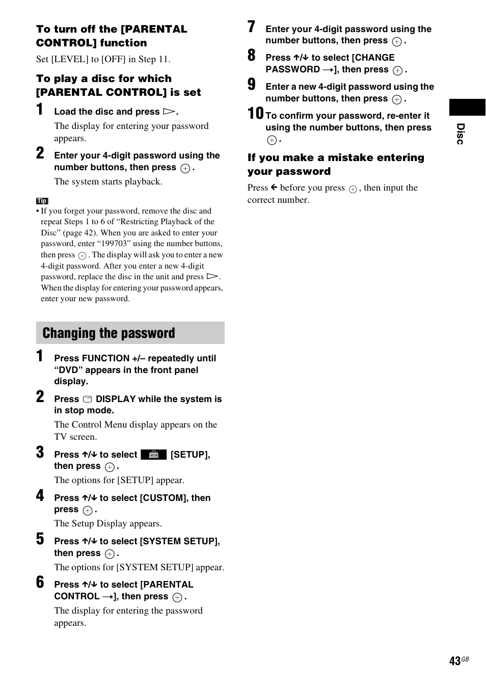 Changing the password | Sony Ericsson DAV-DZ280 User Manual | Page 43 / 104