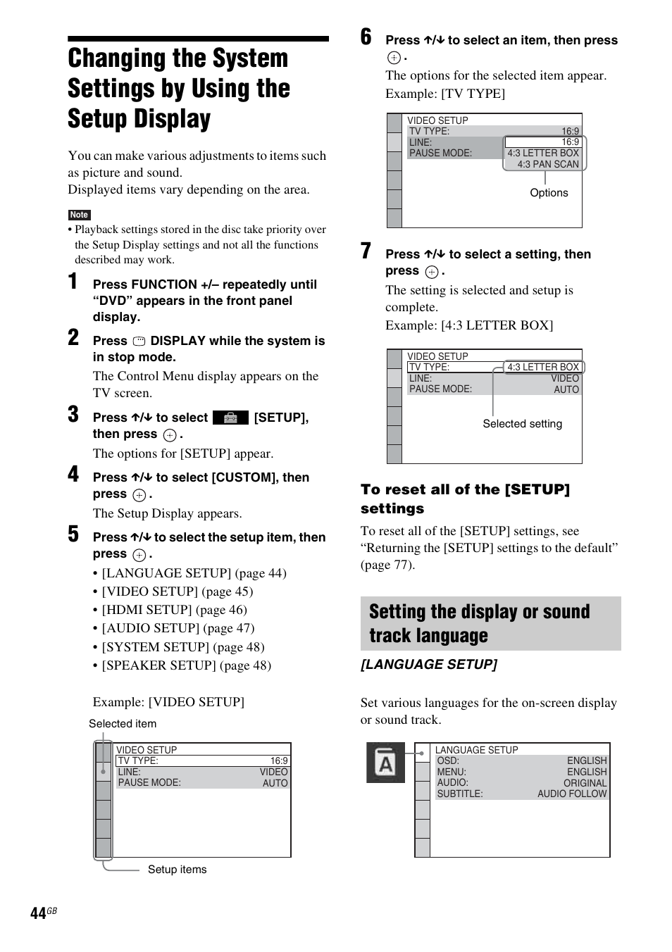 Setting the display or sound track language, Changing the system settings by using, The setup display | Sony Ericsson DAV-DZ280 User Manual | Page 44 / 104