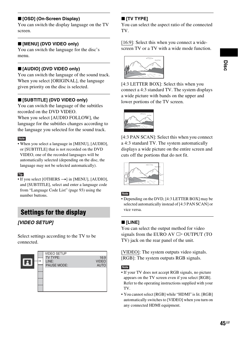 Settings for the display | Sony Ericsson DAV-DZ280 User Manual | Page 45 / 104