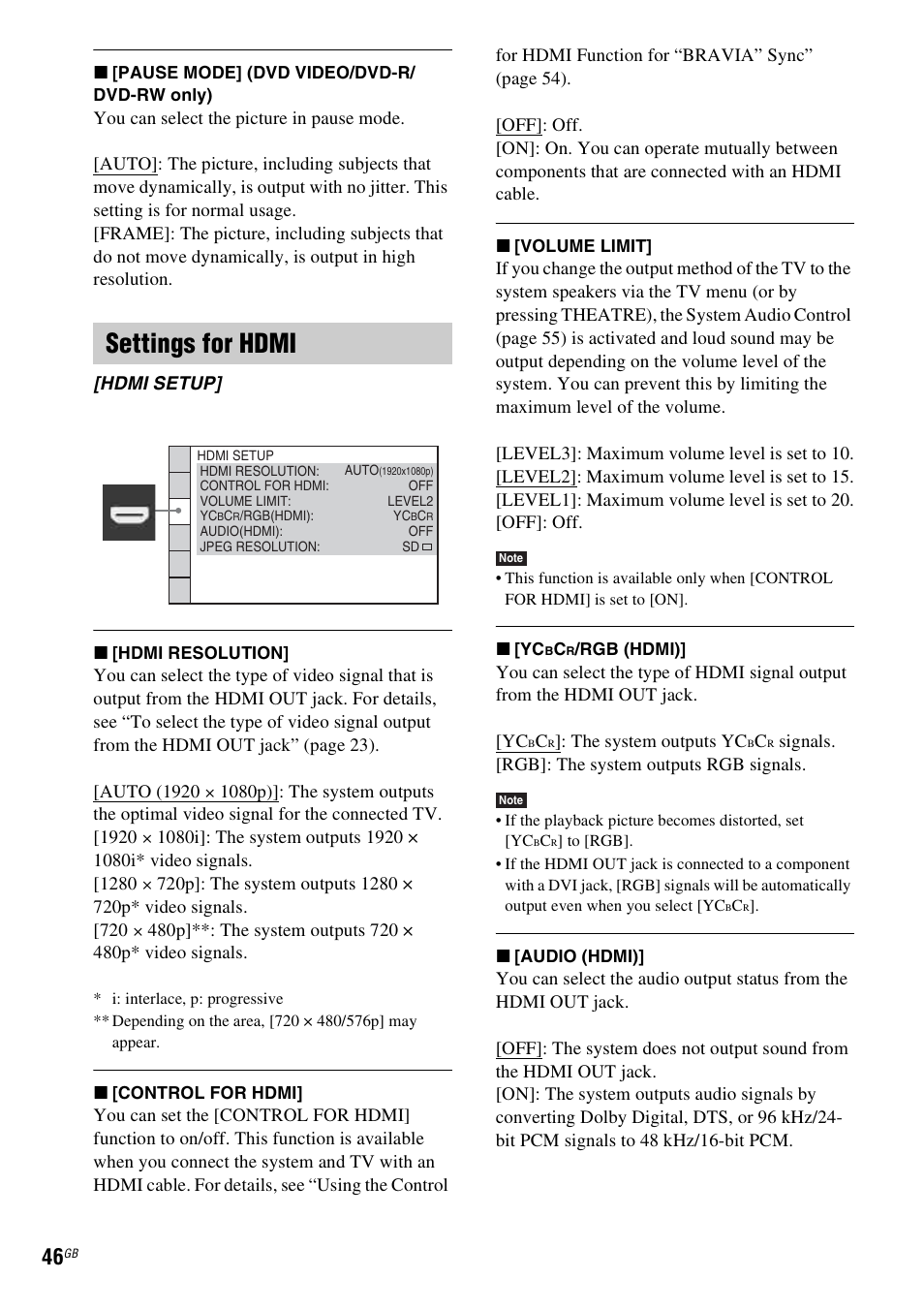 Settings for hdmi | Sony Ericsson DAV-DZ280 User Manual | Page 46 / 104