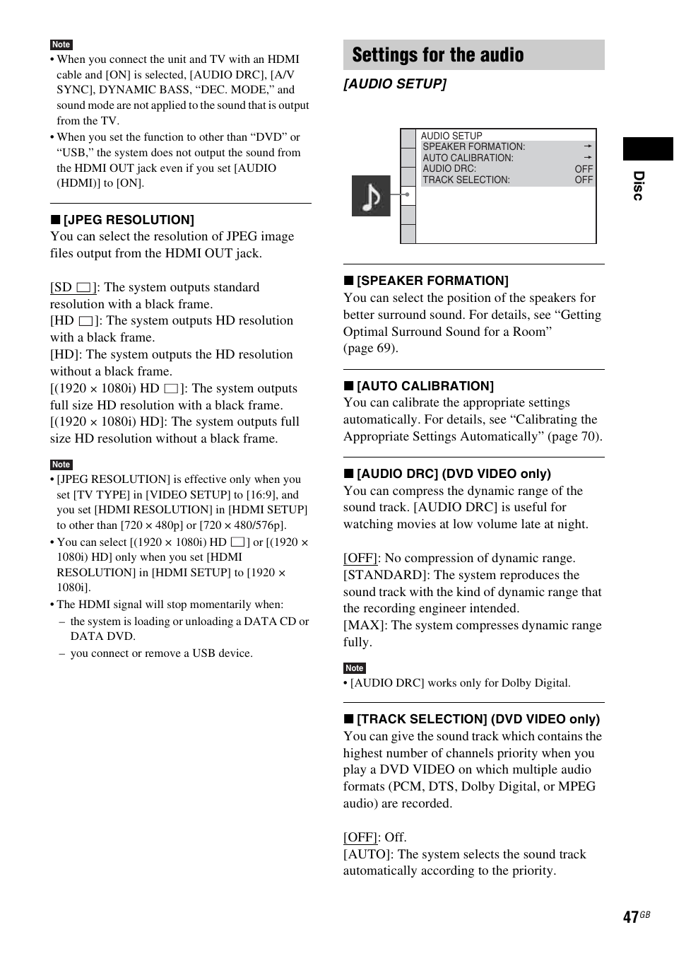 Settings for the audio | Sony Ericsson DAV-DZ280 User Manual | Page 47 / 104