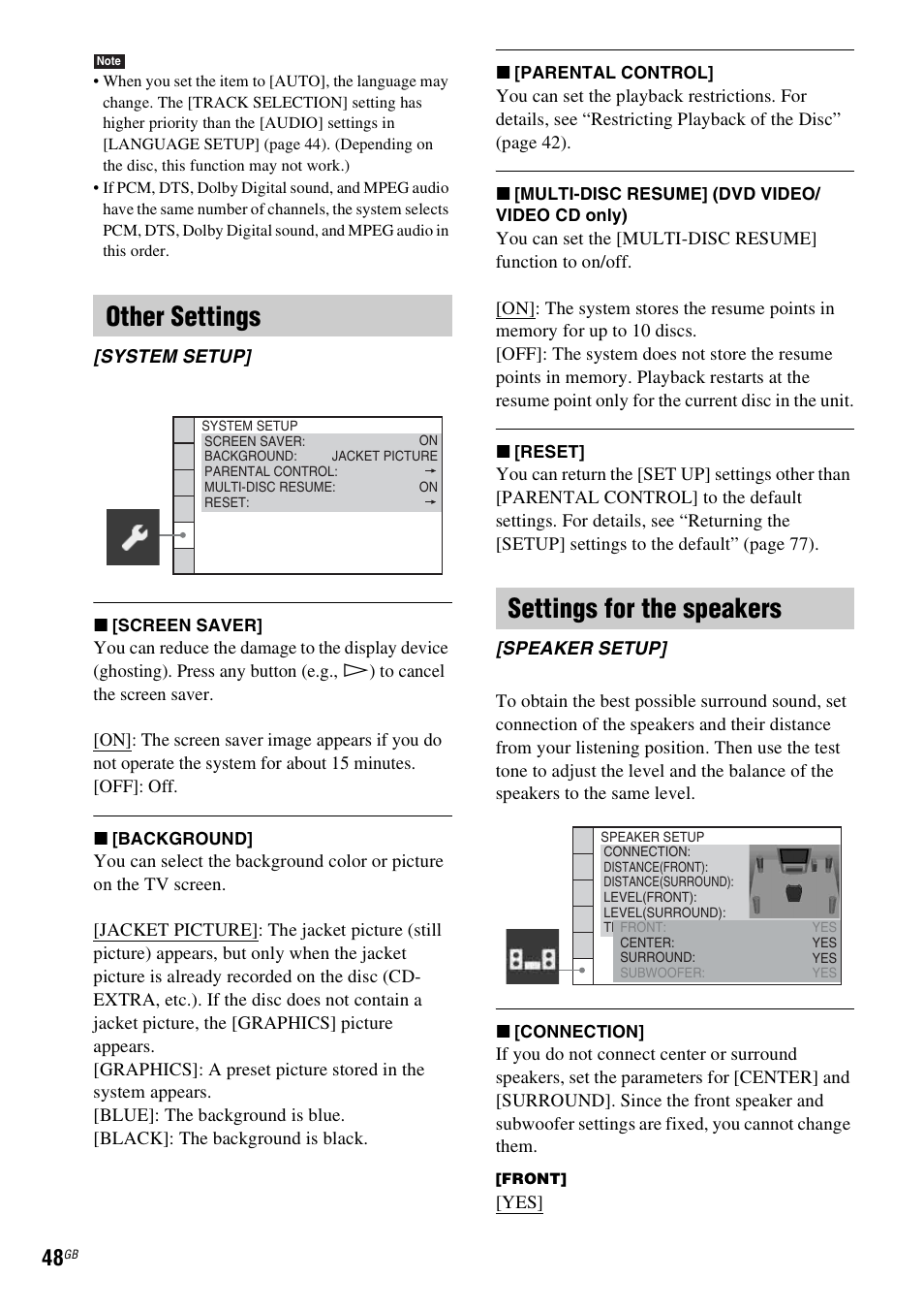 Other settings, Settings for the speakers | Sony Ericsson DAV-DZ280 User Manual | Page 48 / 104