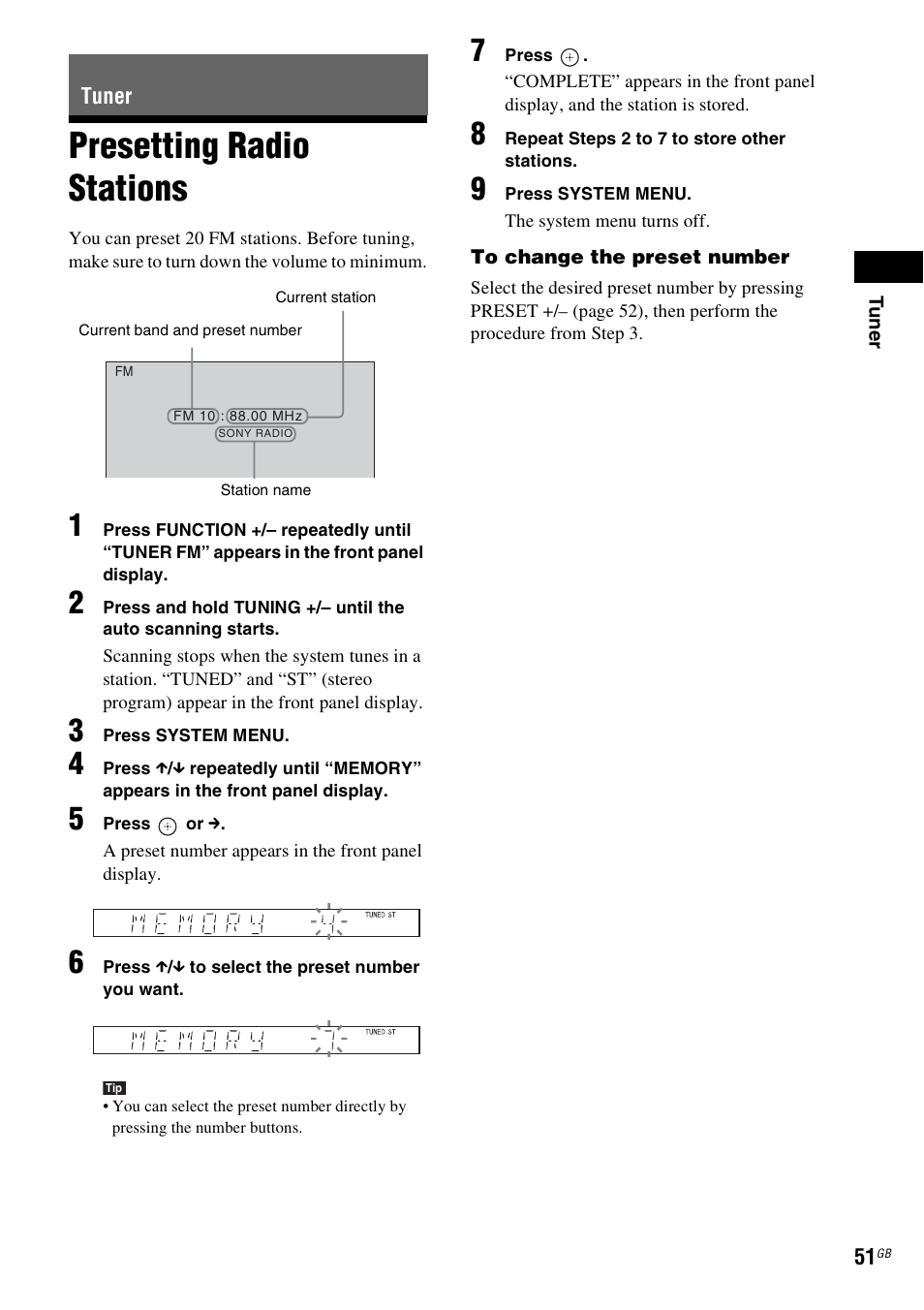 Tuner, Presetting radio stations | Sony Ericsson DAV-DZ280 User Manual | Page 51 / 104