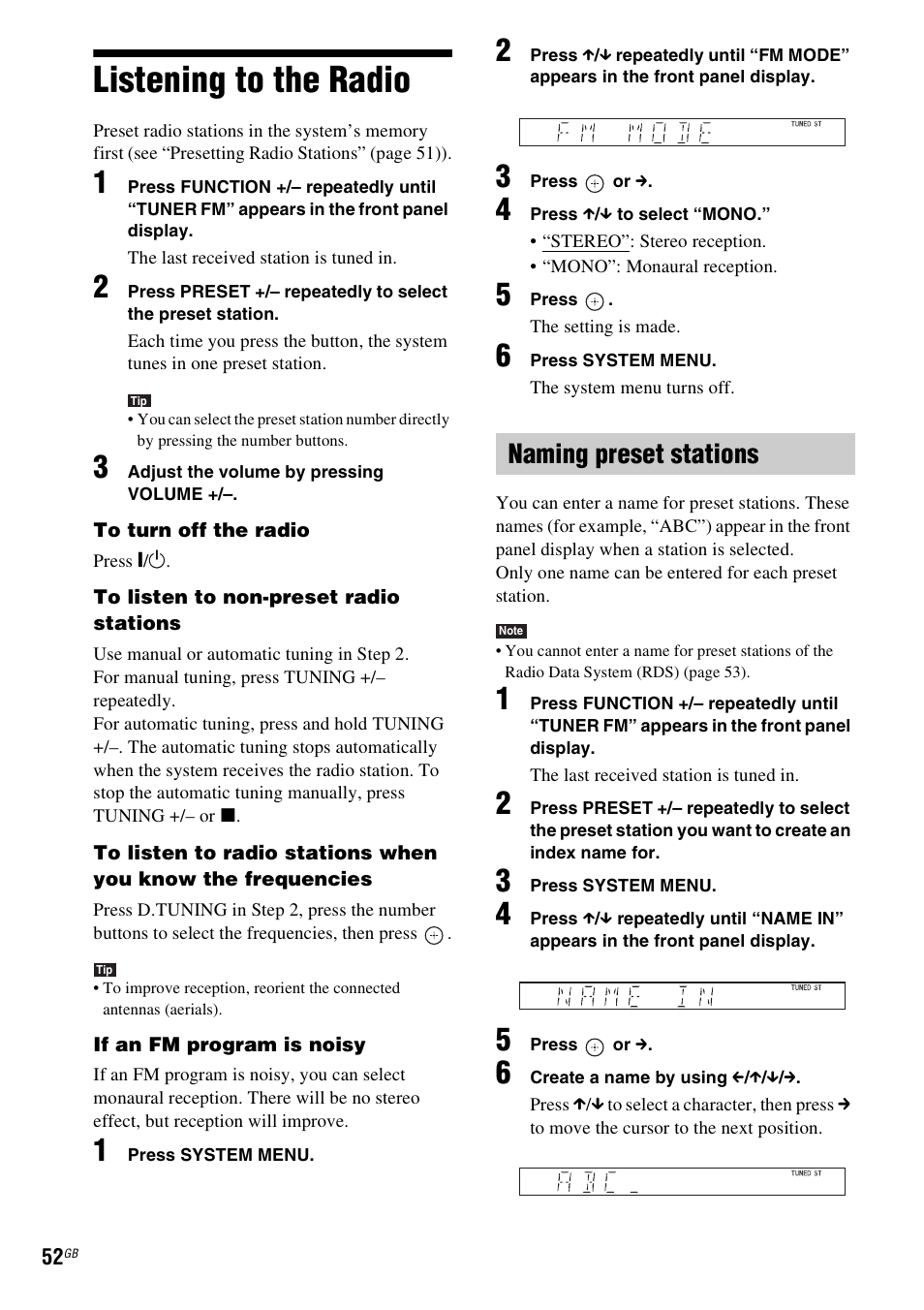 Listening to the radio, Naming preset stations | Sony Ericsson DAV-DZ280 User Manual | Page 52 / 104