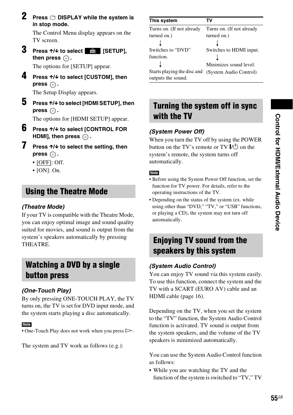 Using the theatre mode, Watching a dvd by a single button press, Turning the system off in sync with the tv | Enjoying tv sound from the speakers by this system | Sony Ericsson DAV-DZ280 User Manual | Page 55 / 104