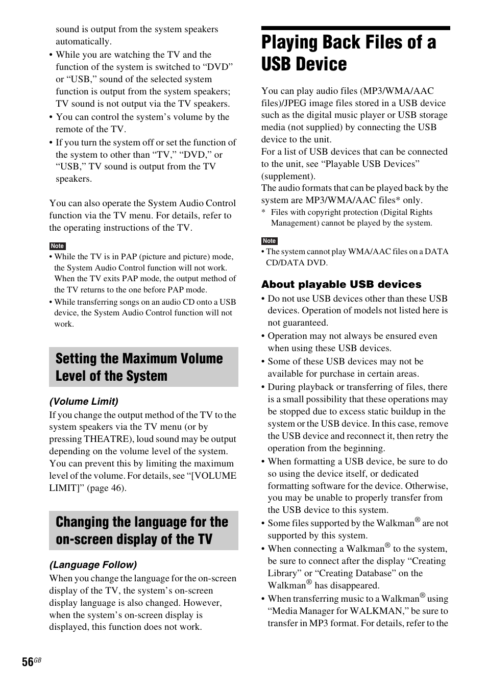 Setting the maximum volume level of the system, Playing back files of a usb device | Sony Ericsson DAV-DZ280 User Manual | Page 56 / 104