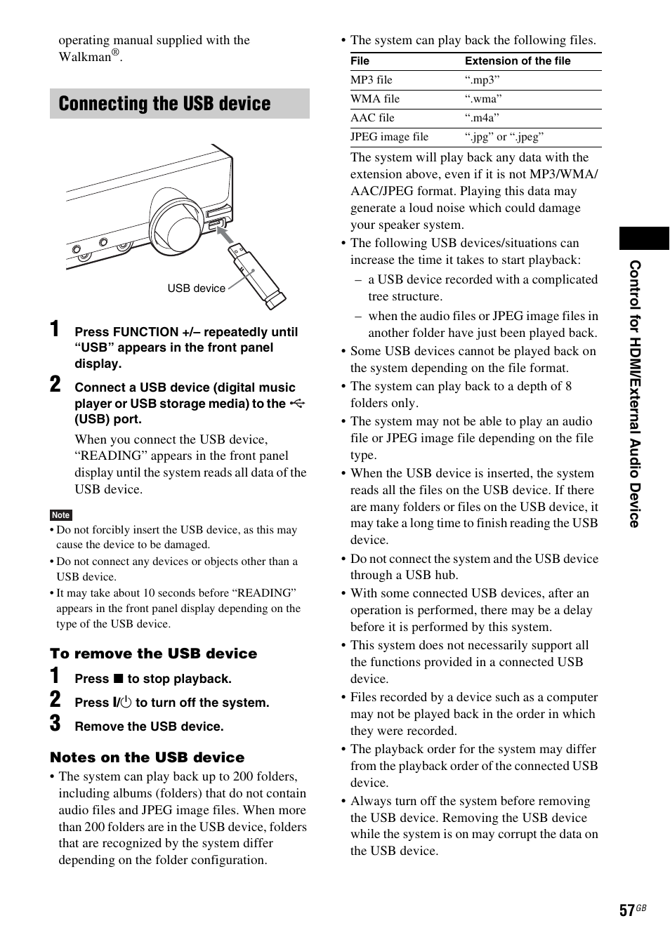 Connecting the usb device | Sony Ericsson DAV-DZ280 User Manual | Page 57 / 104