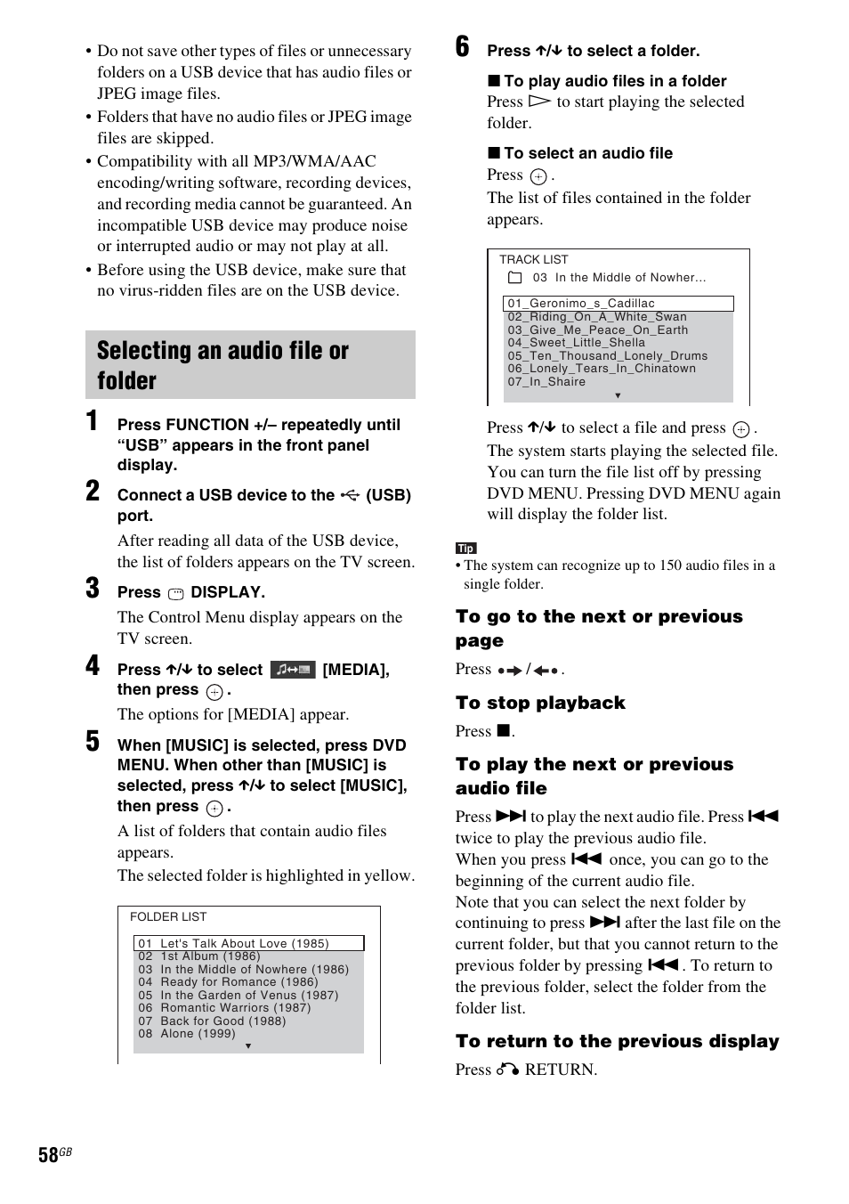 Selecting an audio file or folder | Sony Ericsson DAV-DZ280 User Manual | Page 58 / 104