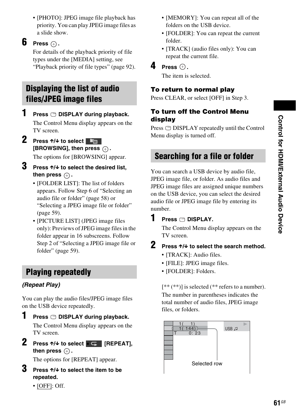 Playing repeatedly, Searching for a file or folder | Sony Ericsson DAV-DZ280 User Manual | Page 61 / 104