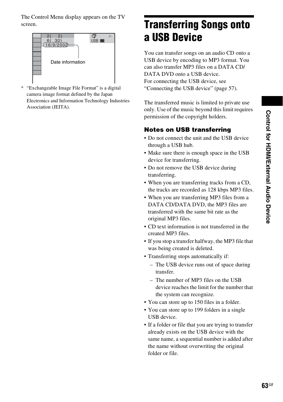 Transferring songs onto a usb device, Transferring songs onto a usb, Device | Sony Ericsson DAV-DZ280 User Manual | Page 63 / 104