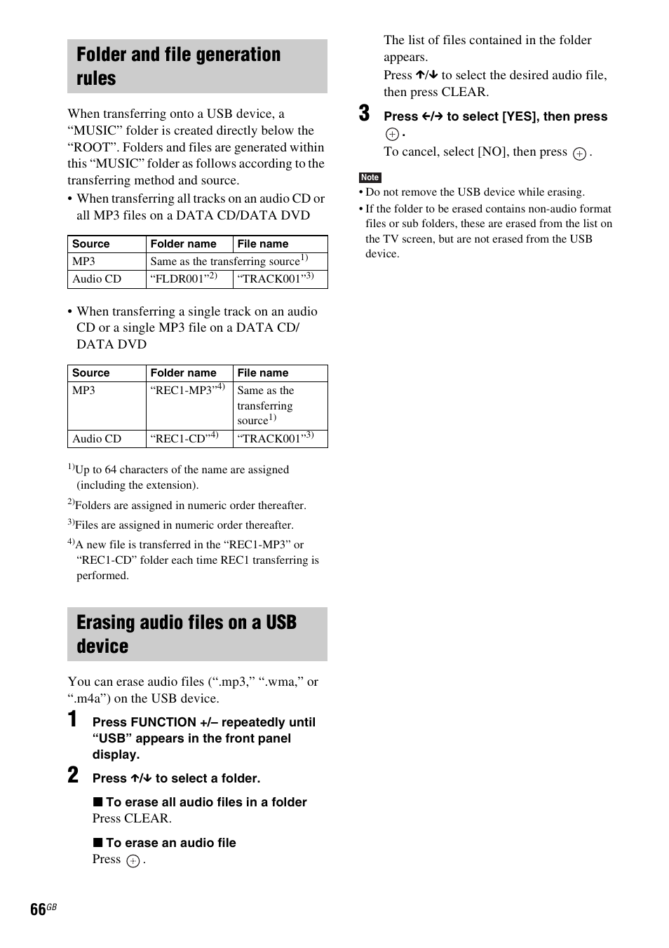 Folder and file generation rules, Erasing audio files on a usb device | Sony Ericsson DAV-DZ280 User Manual | Page 66 / 104