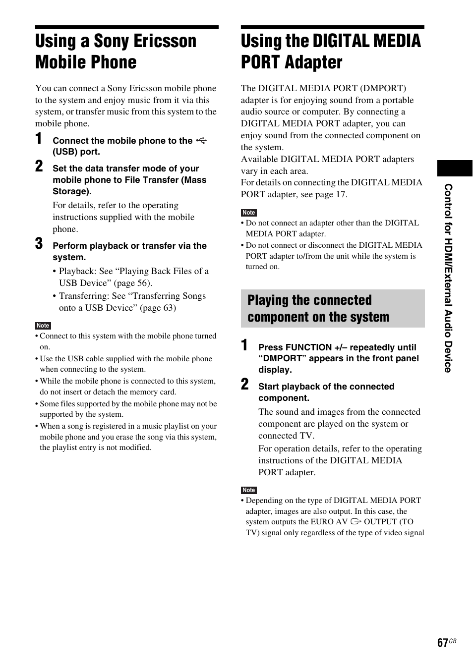 Using a sony ericsson mobile phone, Using the digital media port adapter, Playing the connected component on the system | Using a sony ericsson mobile, Phone, Using the digital media port, Adapter | Sony Ericsson DAV-DZ280 User Manual | Page 67 / 104