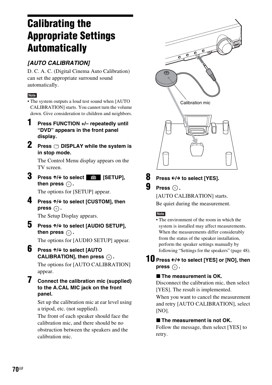 Calibrating the appropriate settings automatically, Calibrating the appropriate settings, Automatically | Sony Ericsson DAV-DZ280 User Manual | Page 70 / 104