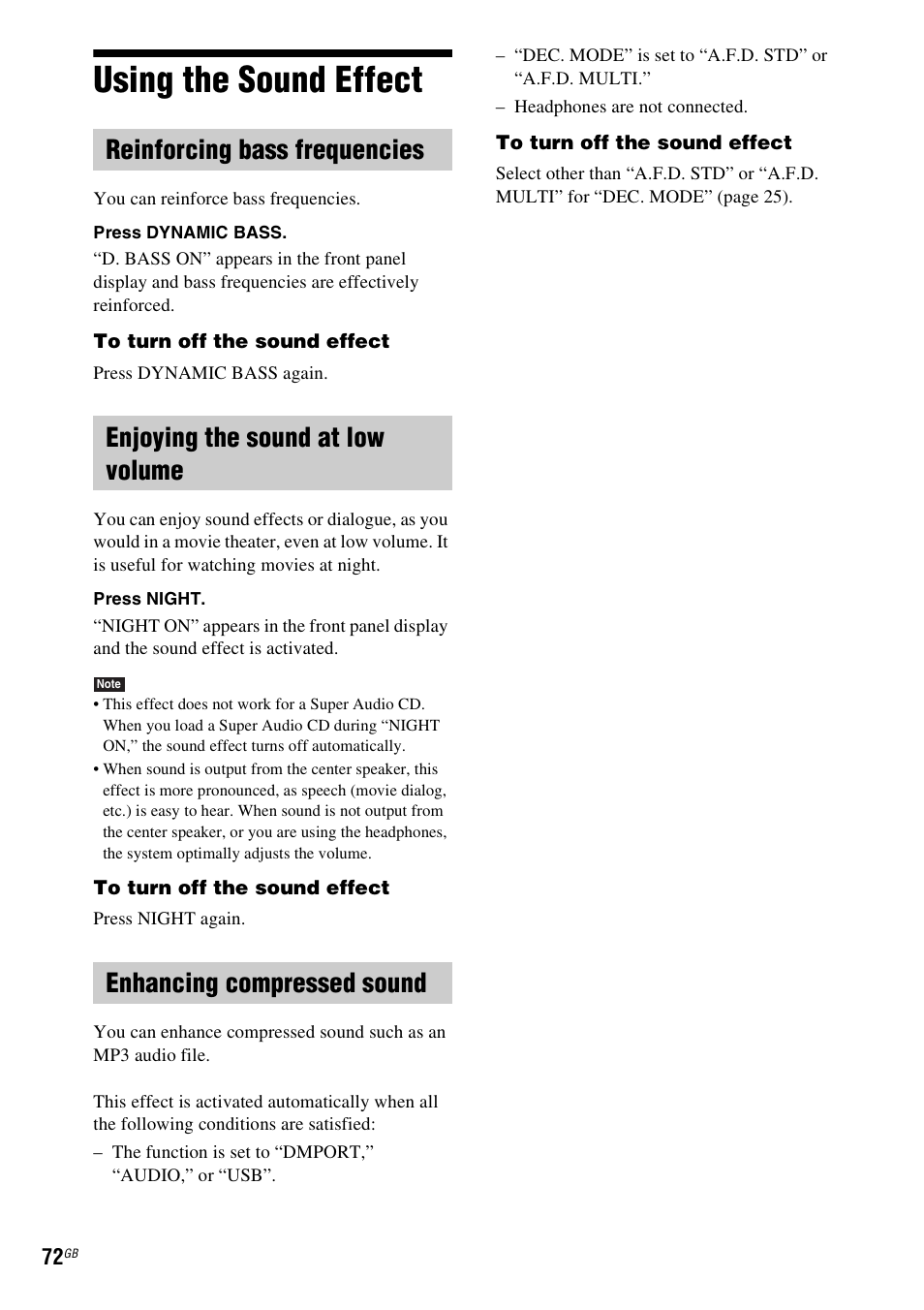 Using the sound effect, Reinforcing bass frequencies, Enjoying the sound at low volume | Enhancing compressed sound | Sony Ericsson DAV-DZ280 User Manual | Page 72 / 104