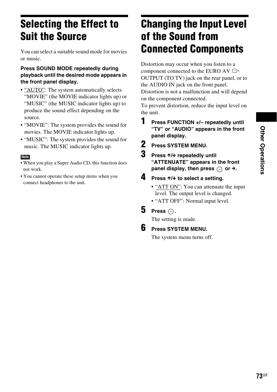 Selecting the effect to suit the source, Selecting the effect to suit, The source | Changing the input level of the sound, From connected components | Sony Ericsson DAV-DZ280 User Manual | Page 73 / 104