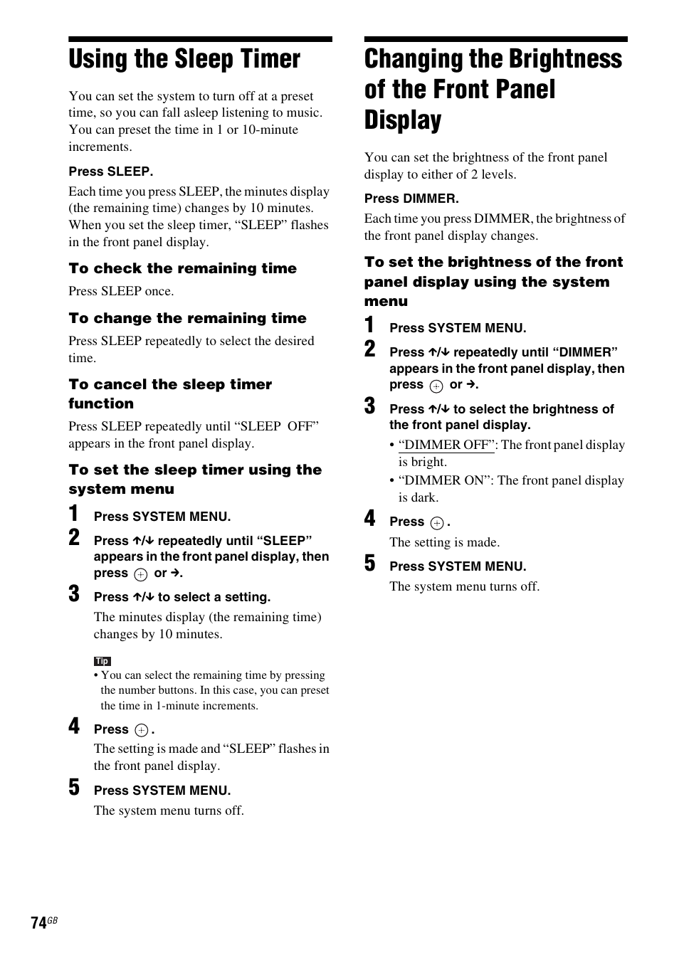 Using the sleep timer, Changing the brightness of the front panel display, Panel display | Sony Ericsson DAV-DZ280 User Manual | Page 74 / 104