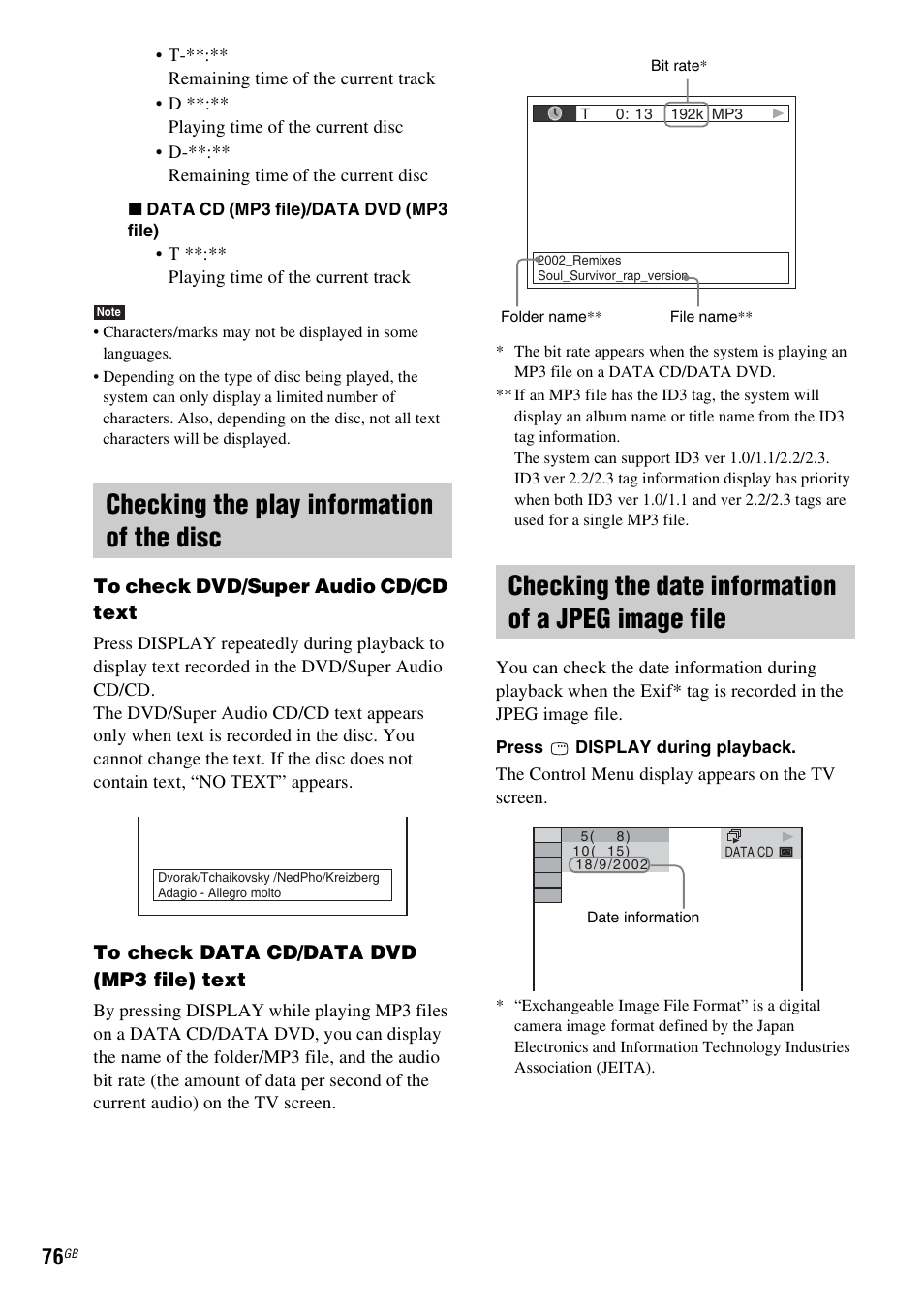 Checking the play information of the disc, Checking the date information of a jpeg image file | Sony Ericsson DAV-DZ280 User Manual | Page 76 / 104