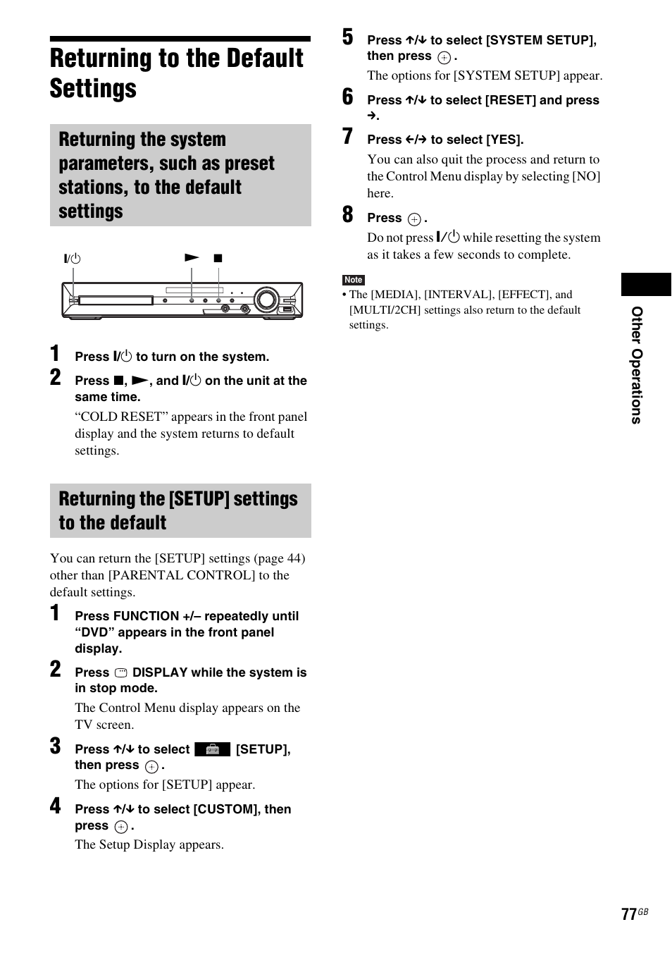 Returning to the default settings, Returning the [setup] settings to the default | Sony Ericsson DAV-DZ280 User Manual | Page 77 / 104