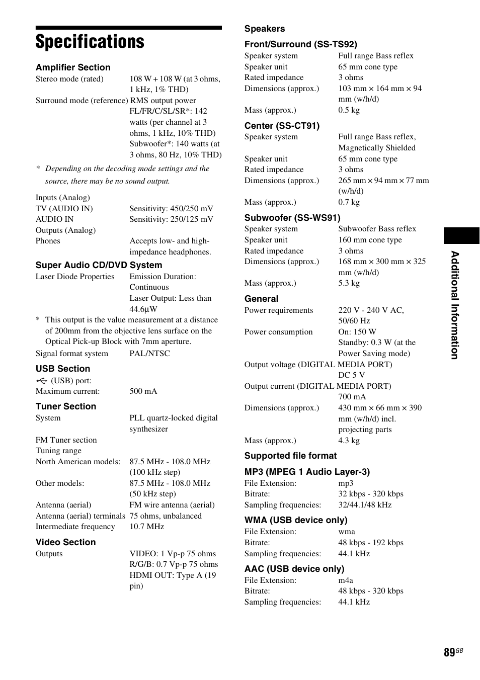 Specifications, Ad dit iona l inf o rma tion | Sony Ericsson DAV-DZ280 User Manual | Page 89 / 104