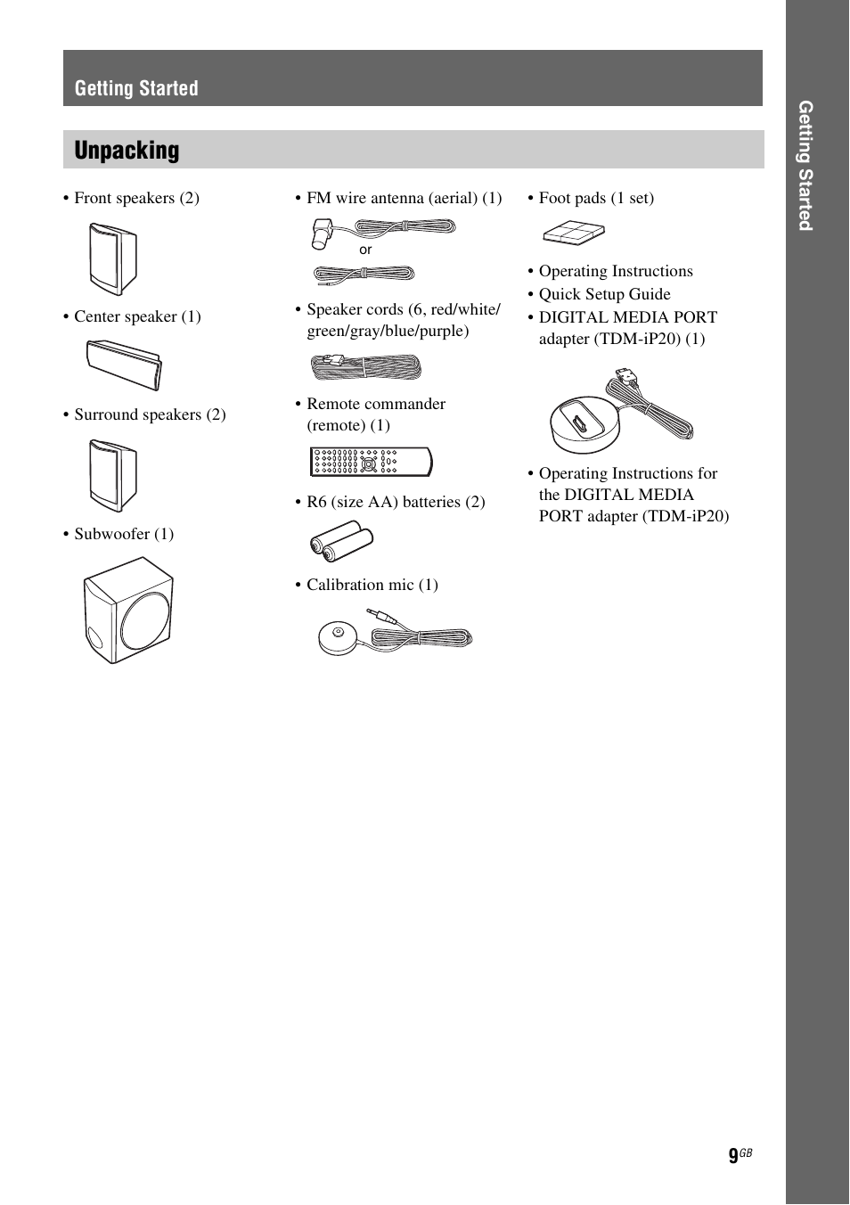 Getting started, Unpacking | Sony Ericsson DAV-DZ280 User Manual | Page 9 / 104