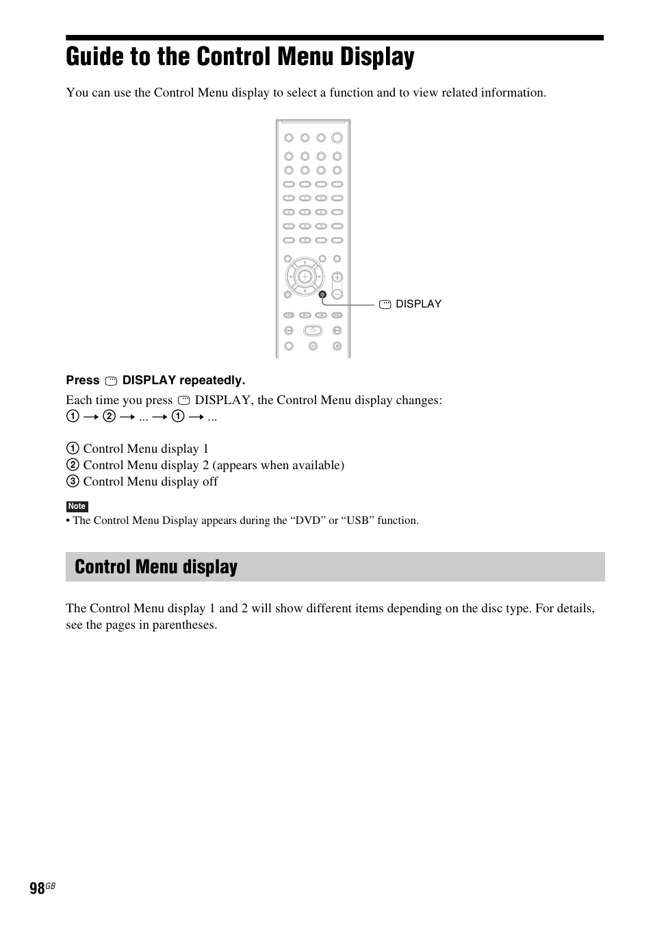 Guide to the control menu display, Control menu display | Sony Ericsson DAV-DZ280 User Manual | Page 98 / 104