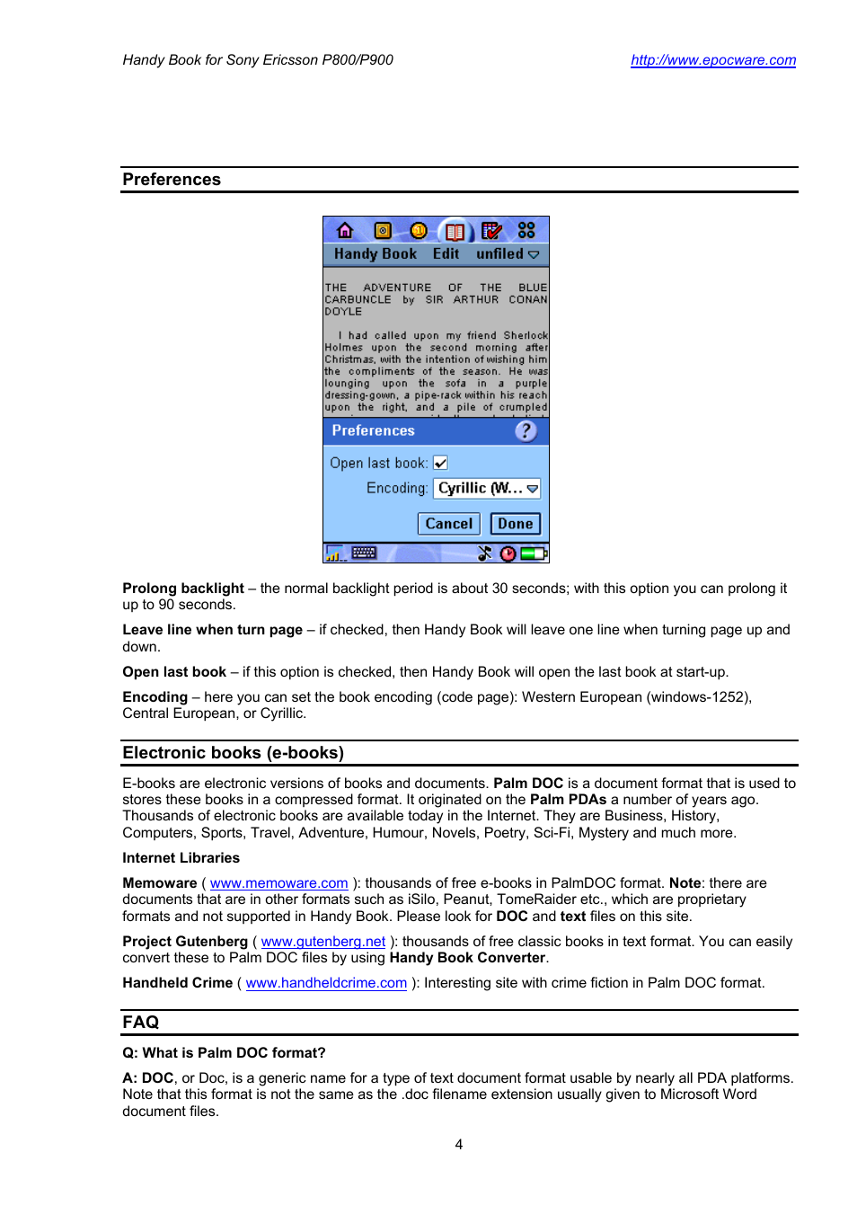 Preferences, Electronic books (e-books) | Sony Ericsson P800 User Manual | Page 4 / 10