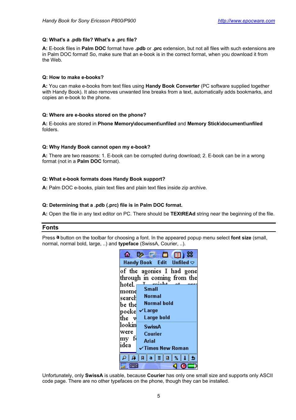 Fonts | Sony Ericsson P800 User Manual | Page 5 / 10