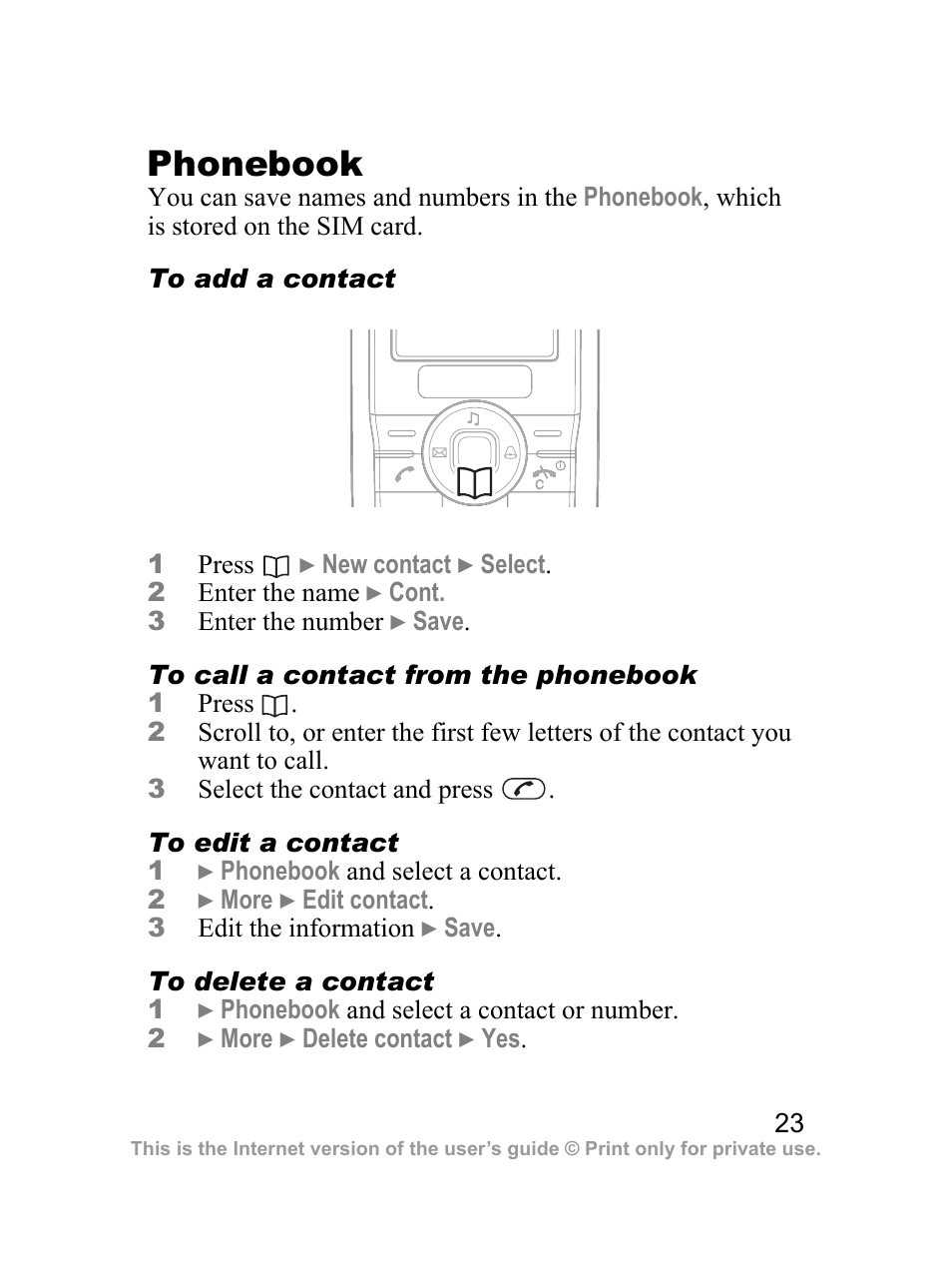 Phonebook | Sony Ericsson J100i User Manual | Page 24 / 69
