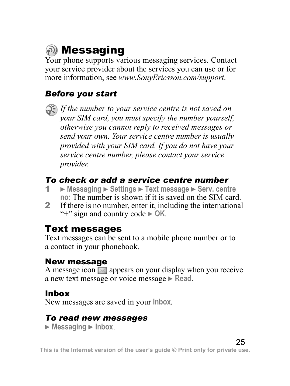 Messaging, 25 new message | Sony Ericsson J100i User Manual | Page 26 / 69